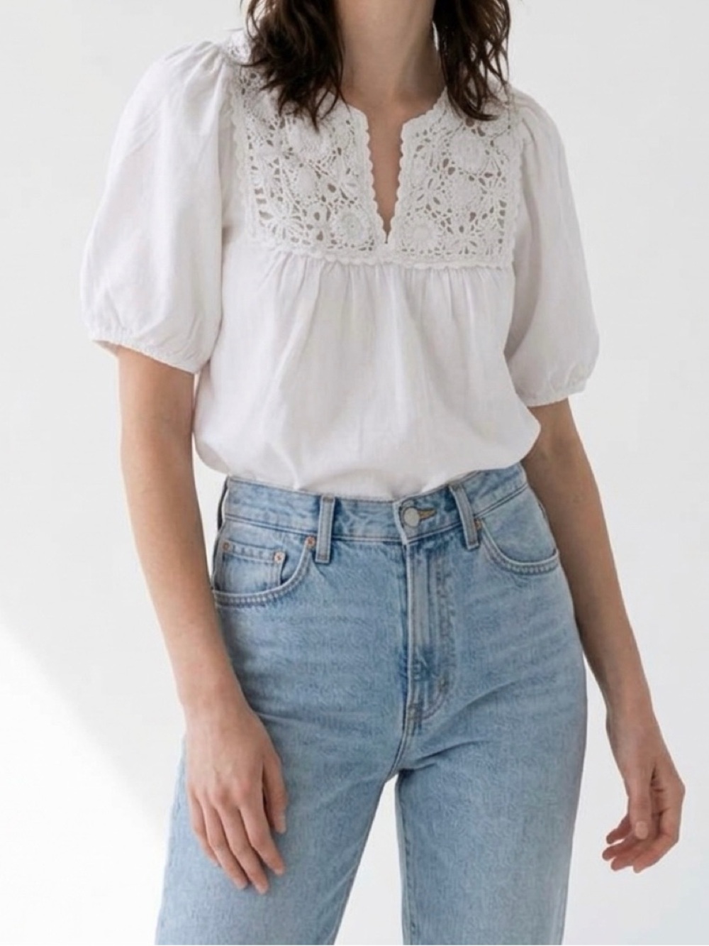 Lucky Brand White Crochet Yoke Puff Sleeve Blouse